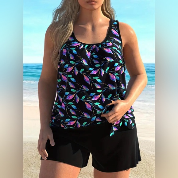 Women's Black Leaf Print Tankini Set - Picture 3 of 3